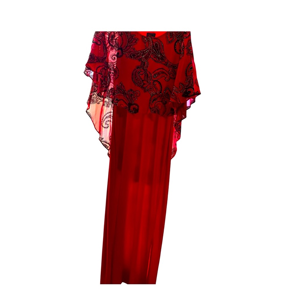Elegant Red Women's Dress with Black Lace Overlay